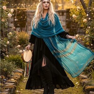 ✨ Vintage Stevie Nicks Teal Shimmer Broomstick Scarf Wrap Boho Whimsigoth Shawl